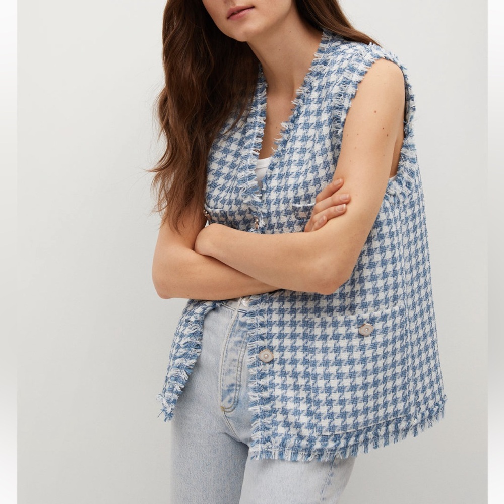 MANGO MNG Tweed Houndstooth Vest in Blue and White